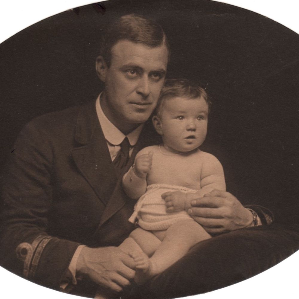 Frank Brock with his daughter, Anne, taken in 1916. Anne’s sons (Frank’s grandsons) Harry Smee and Mark Shelford have organised this talk.